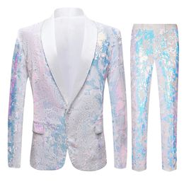 European Size Blazer Trousers Mens Suit Fashion White Velvet Sequin Italian Style Wedding Groom Dress 2 Piece Set 231229