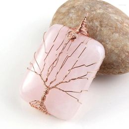 Pendant Necklaces Trendy-beads Rose Gold Color Natural Pink Quartz Tree Life Wire Winding Square Unique Jewelry