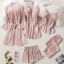 Pink 5pcs Silk Robe Sleep Suit Womens Lace Satin Pajamas Gown Set V-Neck Cami Nighties Wear Pijama Home Nightwear Spring Pyjamas Q0720