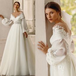 Gorgeous Ivory A Line Wedding Dress Sheer Neck Off Shoulder Long Sleeve Princess Bridal Gowns Lace Appliques Bride Dresses