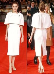 Angelina Jolie Sheath Knee Length Prom Dresses With Cape Jewel Neck Back Slits Celebrity Red Carpet Dresses Short Formal Evening G5059649