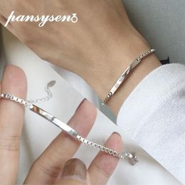 PANSYSEN 100% Solid Real 925 Sterling Silver Box Chain Link Bracelet for Women Girls Lady 19CM Women's Fine Jewelry Bracelets267B