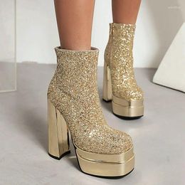 Boots 2023 Fashion Glod Silver Women Ankle Sequined Platform Chunky High Heel Punk Square Toe Zipper Autumn Winter Shoes