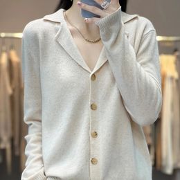 Collar cardigan sweater women's 100 wool long sleeved trend fine cashmere knitted coat autumn and winter top SXXL 231228