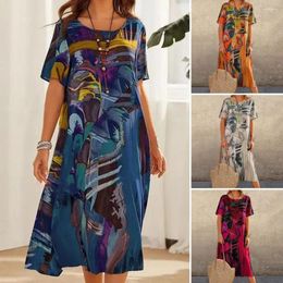 Casual Dresses Boho Dress O-neck Short Sleeve Mid-Calf Length Soft Pullover Summer Beach Style Abstract Print Midi Work Vestido Bohemio