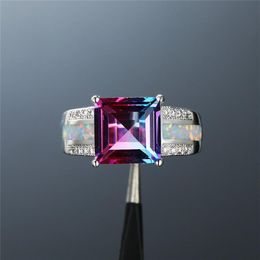 Vintage Female Rainbow Crystal Stone Ring Charm White Opal Wedding Rings For Women Cute Silver Color Square Engagement Ring2775