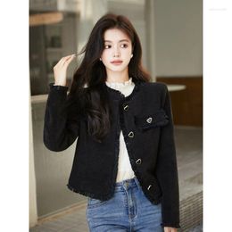 Women's Jackets Autumn Fashion Love Button Round Neck Short Fragrant Thick Tweed Coat Women