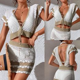 Women's Swimwear Sexy V Back Tops For Women Casual Summer Vacation Beach Knitted Contrast Colour Hollow Swimsuit Blouse Skirt Set Crochet