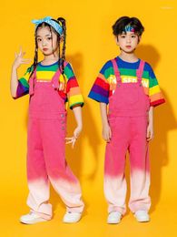 Stage Wear Fashion T Shirt Overall Denim Children Dancewear Street Dance Dancing Clothes Ballroom Jazz Hip Hop Costumes For Girls Boys