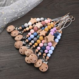 Baby Pacifier Chain Clips Wood Pentagram Teether Silicone Round Beads Teething For Care Soother Chew Toys Shower Gift 231228