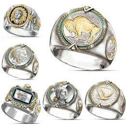 6Pcs lotsHip Hop Two-tone Men Band Rings Buffalo Nickel Honoring The American West Ethnic Style Jewelry Mens Ring Size 7-12255I