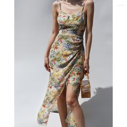 Casual Dresses Vintage Slim-Fit V-neck Printed Side Slit Slip Dress