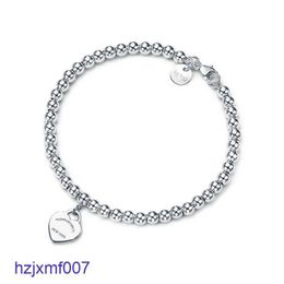 0beh Charm Bracelets 100 Tiff 925 Silver 4mm Round Bead Love Heartshaped Bracelet Female Thickened Bottom Plating for Girlfriend Souvenir Gift Fas