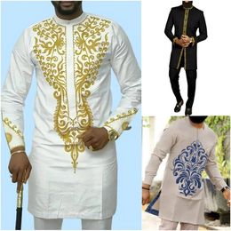 In Suits for Men 2 Piece Sets Outfit Long Sleeve Embroidered Casual Top and Solid Colour Pants African Ethnic Suit 231229