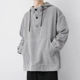 Men's Jackets Unique Collar Button Hoodie Adjustable Drawstring Solid Colour With Patch Pocket Loose For Fall