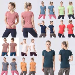 Align Lu Yoga Woman Sport Short Sleeve Running Fitness Tops Sexy Gym T-Shirts Solid Colour Tee Shirt Breathable Outdoor Yogas Tank Vest Exercise Quick Dry Lady