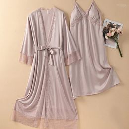 Women's Sleepwear Female Long Robe Two Piece Set Nightdress Summer Satin Kimono Bathrobe Gown Chemise Nightgown Sexy Loose Home Dressing