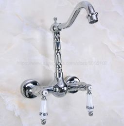 Bathroom Sink Faucets Dual Handles Vessel Basin Faucet Wall Mounted Mixer Tap Polished Chrome Bath Znf957