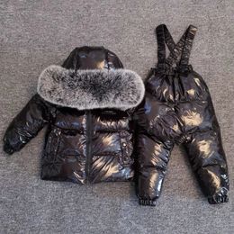 Winter Thicker Children Down Jacket Overall Suit Big Real Fur Collar Kids Ski Suit Boys Girls Warm Jacket Silver ws1876 231228