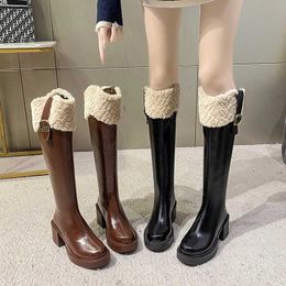 Thick Plush Warm Knee High Boots Women Winter Faux Fur Chunky Heels Long Woman Black Leather Platform Thigh Botas 230922