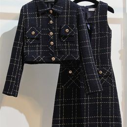 Tweed Long Sleeve Single Breasted Jacket Coat Elegant Fashion Casual Sleeveless Slim Dresses Vintage Sweet Street 231228