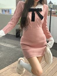Winter Elegant Knitted Sweater Dress Women Bow Bodycon Y2k Mini Dress Female Outwear Slim Dress Korean Fashion 231229