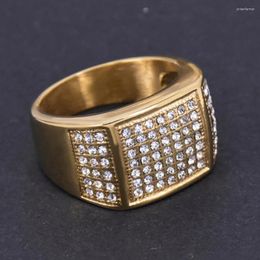 Cluster Rings Fashion Charm Hip Hop Jewellery 316L Stainless Steel CZ Big Ring For Men Gold Colour Iced Out Square Cool Gift