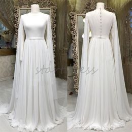 Simple Chiffon Muslim Wedding Dress Dubai Arabic Kaftan Long Sleeve Boho Bride Dress 2024 Full Length Garden Country Bridal Gown Robe De Mariage Princess Islamic