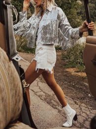 Women Tassel Sequin Jacket Summer Autumn Streewear Rock BF Retro Long-sleeved Silver Reflective Jacket Women Outwear Tops 231228