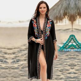 Dress 2022 Black Indie Folk Embroidered Plus Size Summer Beach Wear Kimono Cardigan Women Cotton Tops and Blouse Shirts Sarongs N940