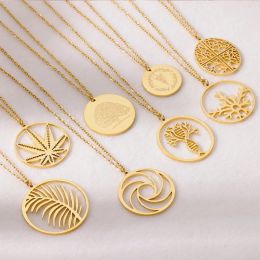 The Tree of Life Necklace for Women 14k Yellow Gold Round Pendant Golden Colour Necklaces Female 2024 Vintage Jewellery Accessories