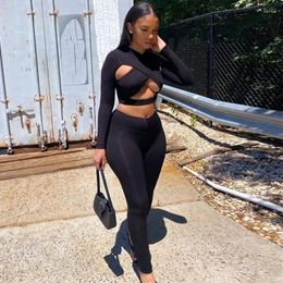 Women's Two Piece Pants Solid Sets Women Skinny Criss-Cross Cleavage Top Stretch Pant Matching Outfits Active Sexy Streetwear Clothing MT497