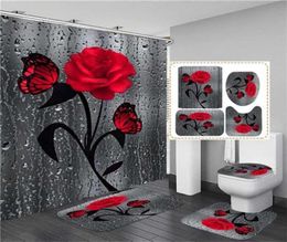 4 pcs Rose Print 3D Shower Curtain Waterproof Polyester Bathroom Curtain Antislip Bath Mats Set Toilet Rugs Carpet Home Decor 2112865515