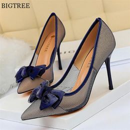 Boots Ladies Sexy Mesh Hollow Black Blue Shoes Women Pumps Fashion Bowknot High Heels Shoes Woman Pointed Toe thin Dress Party Shoes