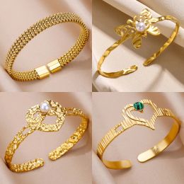 Knitted 14k Yellow Gold Bracelet for Women Gold Colour Cuff Bracelets Bangle Female 2024 Trendy Vintage Jewellery Accessories Gifts