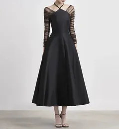 Casual Dresses High Quality Sheer Sleeve Patchwork Women Elegant Black Party Evening Halter Midi Dress