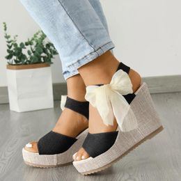 Sandals Women Wedge Summer Bead Lace Up Bowknot Platform High Heels Peep Toe Thick Bottom Casual Shoes Ladies