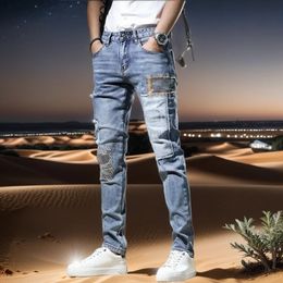 High quality men's jeans slim fit beggar style denim pants cargo street fashion patches jeans y2k sexy casual jeans trousers 231229