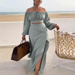 Casual Dresses Womens Skirt Suit Two Piece Solid Colour Sexy Long Sleeve Strapless Tube Top & Side Slit Cutout Waist Beach Dress