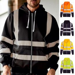 Men's Hoodies Men Hoodie Coat Reflective Strip Safe Warning Color Drawstring Loose Zipper Warm Overalls Cold-Proof Outdoor Work Safety