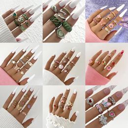 Cluster Rings Colourful Enamel Ring Set For Women Bohemia Crystal Heart Butterfly Flower Kunckle Finger Boho Lady Jewellery Gift