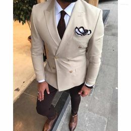 Men's Suits Beige Double Breasted Peaked Lapel Elegant 2 Piece Jacket Pants Formal Occasion Wedding Full Set For Groom Costume