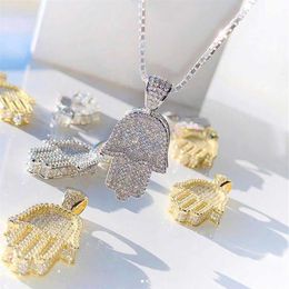 Hand Of the Angel Fatima Pendant Choker Hip Hop Full Iced Out Cubic Zirconia Gold Sliver Color CZ Stone Necklace Women Men 2106212490