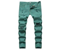 Men039s Jeans Fancy Neon Color Y2K Denim Streetwear Slim Straight Pants Holes Ripped Trousers Green Yellow Pink2641123