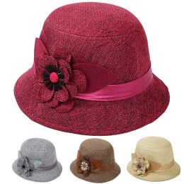 New Elegant Flower Linen Fedoras Hats Retro Flower Lady Church Caps Spring Summer Female Bowler Bucket Hat Visors