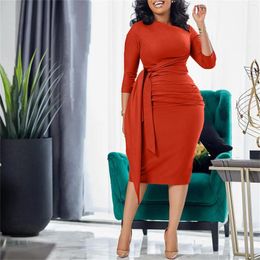 Casual Dresses Women's Office Bodycon Dress Three Quarter Sleeves Pleated Tie Autumn And Winter Plus Size For Women Vestido