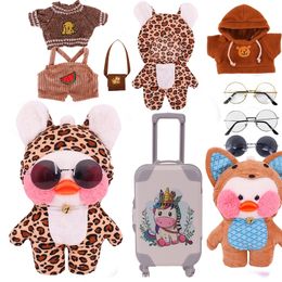 30Cm Lalafanfan Yellow Duck Plush Animal Clothes Brown Series Kawaii Cute Hoodie Sweater Bag Glasses Headdress Children Gifts 231228