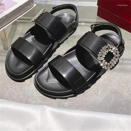 Slippers Summer Crystal Buckle Women Sandals Double Belt Flat With Thick Soled Non-slip Shoes Comfort Outdoor Casual Beach