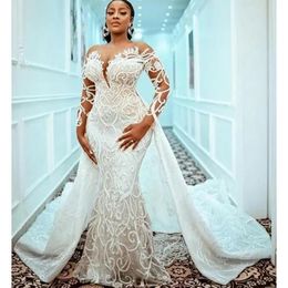 Stunningbride 2024 Plus Size Mermaid Wedding Dresses with Detachable Train Lace Beaded Sheer Neck Illusion Long Sleeve Civil Bridal Gown