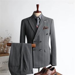 Men's Suits For Wedding Banquet Elegant Grey Stripes Double Breasted 2 Pieces Blazer And Pants Business Formal Male Jacket Sets